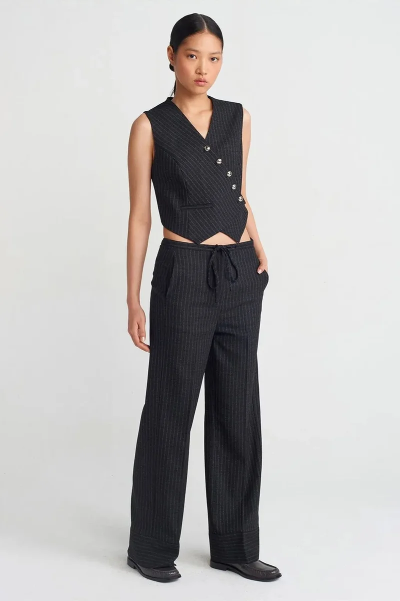 Dilvin Black DILVIN Striped Crop Waistcoat With Button Front for Women | Best Price UAE