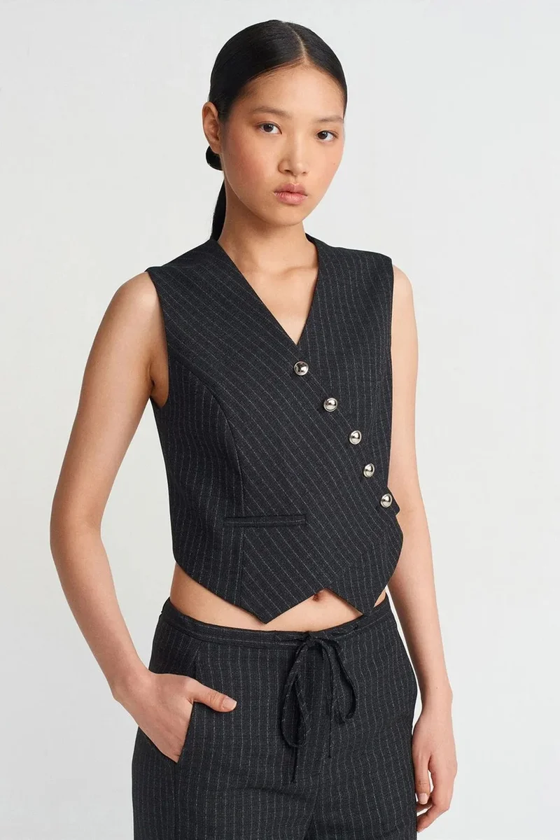 DILVIN Striped Crop Waistcoat With Button Front