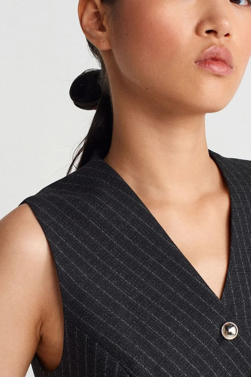 Dilvin Black DILVIN Striped Crop Waistcoat With Button Front for Women | Best Price UAE