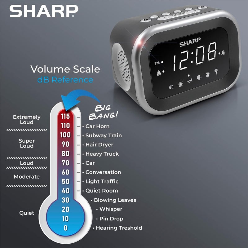 SHARP Big Bang Super Loud Alarm Clock for Heavy Sleepers, 6 Extremely Loud Wake Up Sounds: Rooster, Bugle, Nagging Mom, Jackhammer, Siren, Beep– Up to 115db Volume, Silver/Black with White LED Display - Image 5