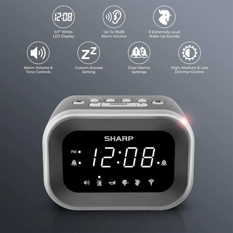 SHARP Big Bang Super Loud Alarm Clock for Heavy Sleepers, 6 Extremely Loud Wake Up Sounds: Rooster, Bugle, Nagging Mom, Jackhammer, Siren, Beep– Up to 115db Volume, Silver/Black with White LED Display - Image 2