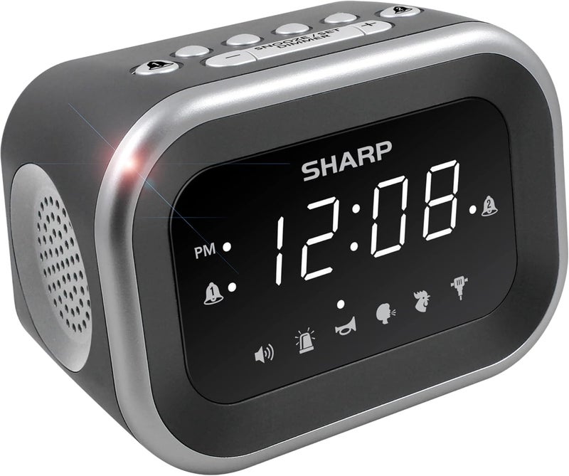 SHARP Big Bang Super Loud Alarm Clock for Heavy Sleepers, 6 Extremely Loud Wake Up Sounds: Rooster, Bugle, Nagging Mom, Jackhammer, Siren, Beep– Up to 115db Volume, Silver/Black with White LED Display - Image 1