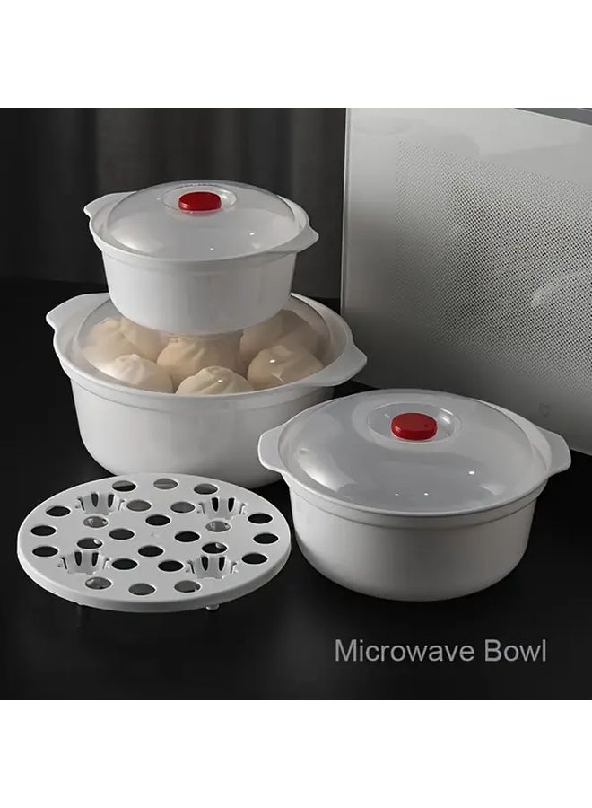 Microwave Safe Plastic Food Storage Set 4pcs Round Bowls With Steaming Mat Lid - Image 1