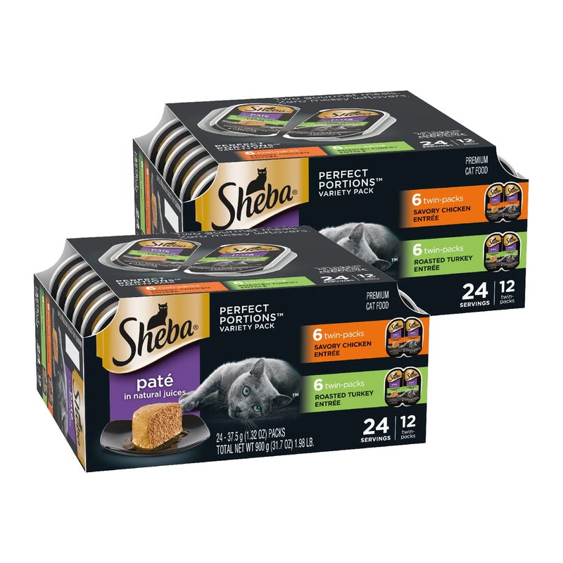 Sheba Perfect Portions Wet Cat Food Pate, Savory Chicken Entree and Roasted Turkey Entree, Cat Food Wet Recipe Variety Pack, 2.6 oz. Twin-Pack Trays (12 Count, 24 Servings) - Image 1