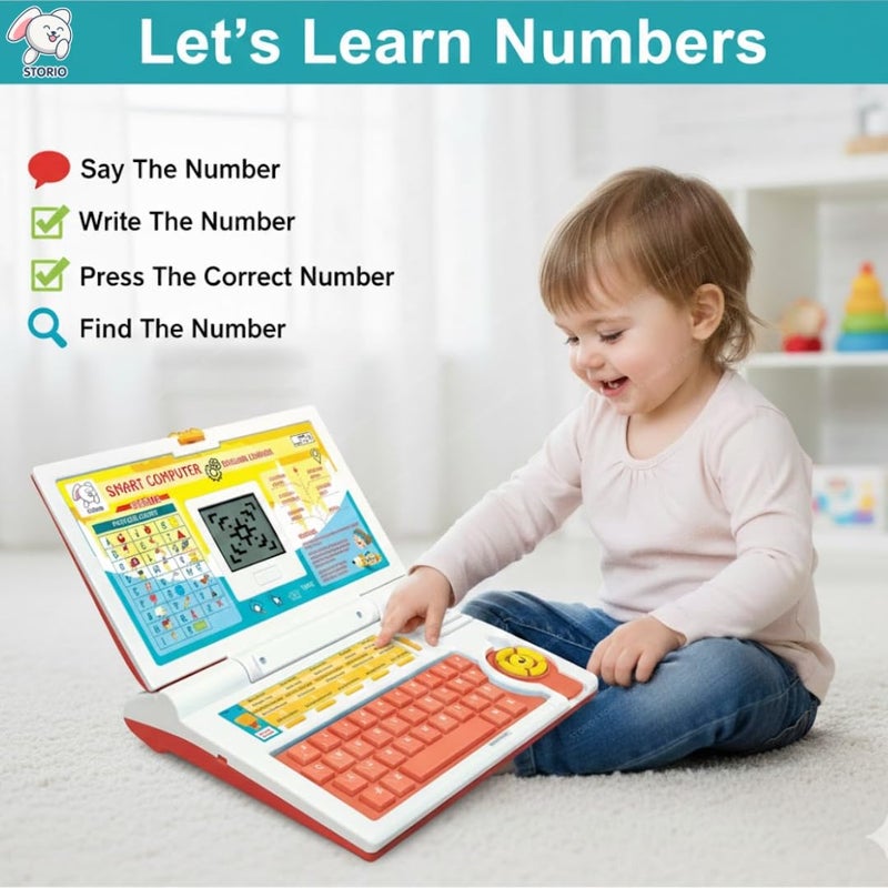 Storio لعبة لابتوب تعليمية للأطفال للصبيان والبنات من عمر 2-5 سنوات | لعبة كمبيوتر ممتعة | تعلم الأبجدية، الحروف، الكلمات، الأرقام، الألعاب، الموسيقى | لعبة تعليمية تفاعلية - برتقالي - Image 5