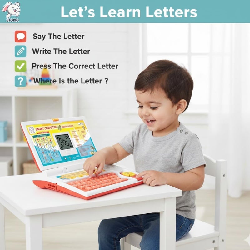 Storio لعبة لابتوب تعليمية للأطفال للصبيان والبنات من عمر 2-5 سنوات | لعبة كمبيوتر ممتعة | تعلم الأبجدية، الحروف، الكلمات، الأرقام، الألعاب، الموسيقى | لعبة تعليمية تفاعلية - برتقالي - Image 3