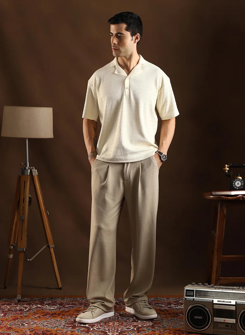 Campus Sutra Campus Sutra Men's Cream White Coil-Tactile Cuban Polo T-Shirt For Casual Wear | Polo Neck | Short Cuffed Sleeves | Half-Button Closure | T-Shirt Crafted With Comfort Fit For Everyday Wear