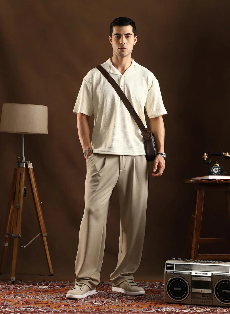 Campus Sutra Campus Sutra Men's Cream White Coil-Tactile Cuban Polo T-Shirt For Casual Wear | Polo Neck | Short Cuffed Sleeves | Half-Button Closure | T-Shirt Crafted With Comfort Fit For Everyday Wear