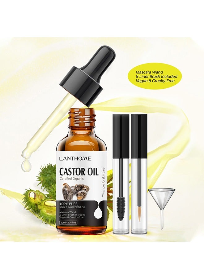 Lanthome Castor Oil Certified Organic，Castor Oil For Eyelashes and Eyebrows, Organic Jamaican Black Castor Oil Cold Pressed Hair Growth Oil, Skin Moisturizer Body Oil ith Eyelash Kit 50ml - Image 2