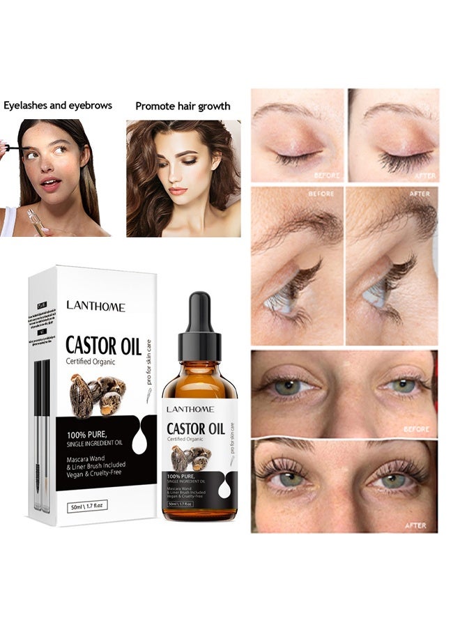Lanthome Castor Oil Certified Organic，Castor Oil For Eyelashes and Eyebrows, Organic Jamaican Black Castor Oil Cold Pressed Hair Growth Oil, Skin Moisturizer Body Oil ith Eyelash Kit 50ml - Image 4