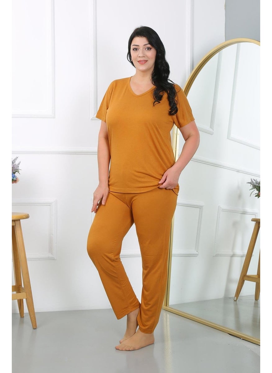 Akbeniz - Women's Plus Size Short Sleeve Combed Cotton Pajama Set Mustard 202405 - Image 1