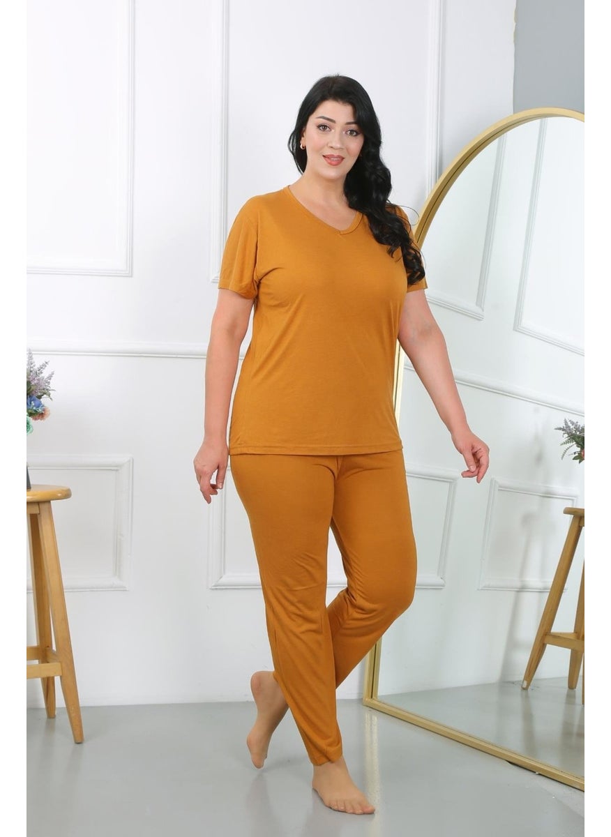 Akbeniz - Women's Plus Size Short Sleeve Combed Cotton Pajama Set Mustard 202405 - Image 1