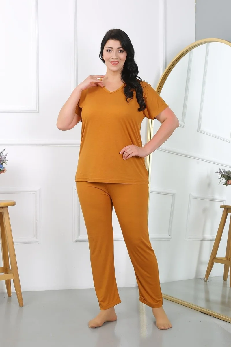 Akbeniz Women's Plus Size Short Sleeve Combed Cotton Pajama Set Mustard 202405