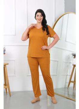 Akbeniz Women's Plus Size Short Sleeve Combed Cotton Pajama Set Mustard 202405  - Image 3