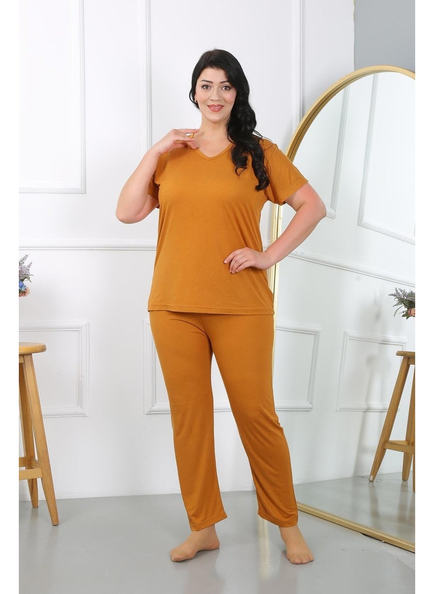 Akbeniz - Women's Plus Size Short Sleeve Combed Cotton Pajama Set Mustard 202405 - Image 1