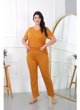 Akbeniz Women's Plus Size Short Sleeve Combed Cotton Pajama Set Mustard 202405  - Image 4