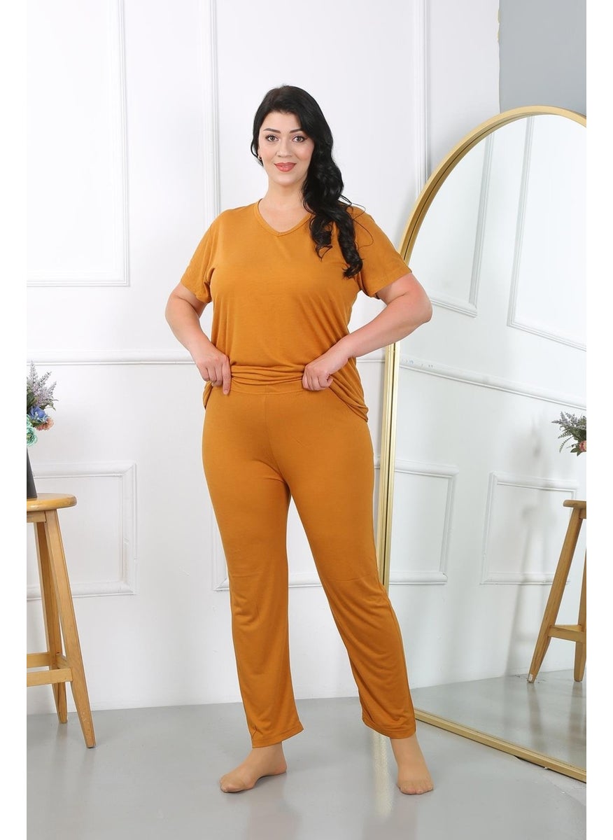 Akbeniz - Women's Plus Size Short Sleeve Combed Cotton Pajama Set Mustard 202405 - Image 1