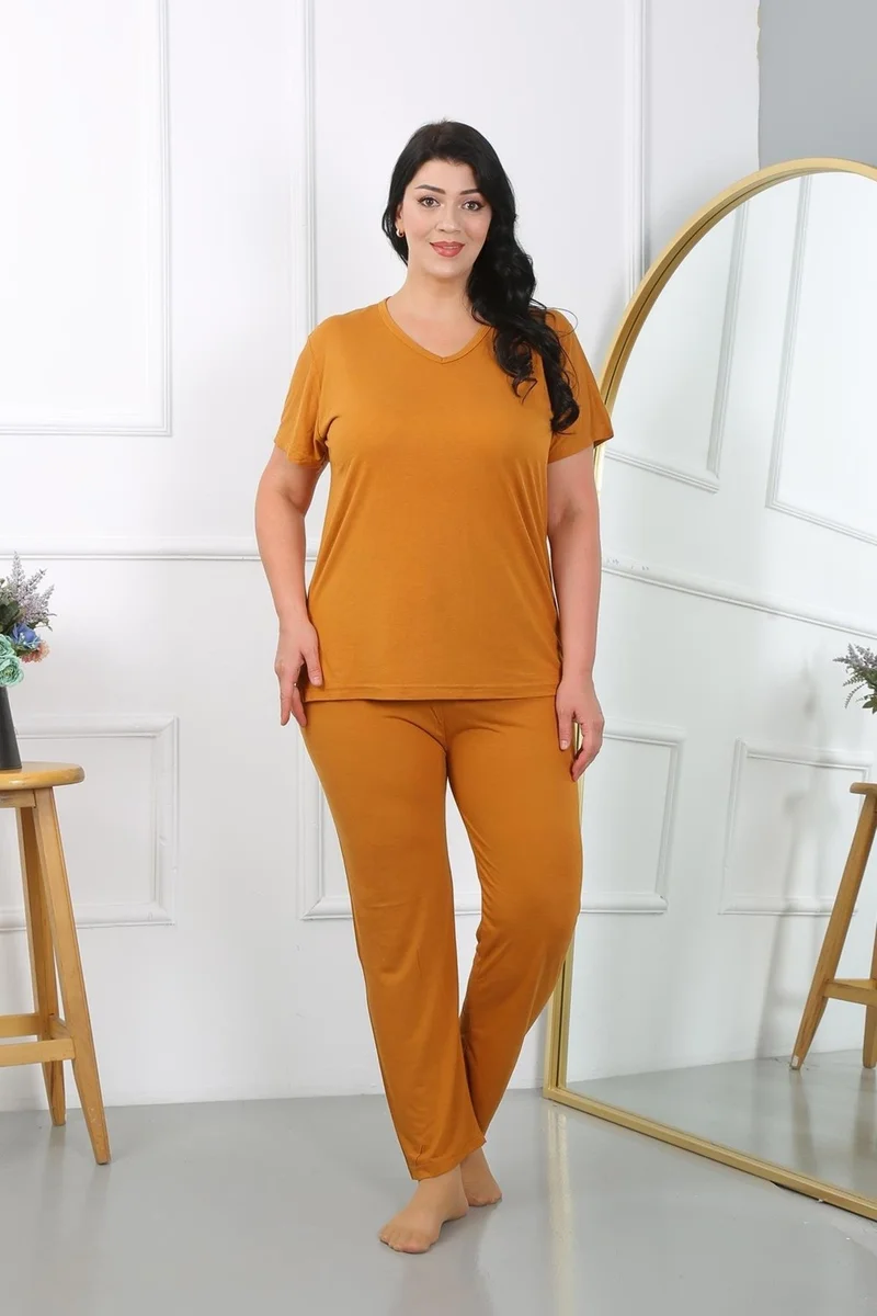Akbeniz Women's Plus Size Short Sleeve Combed Cotton Pajama Set Mustard 202405