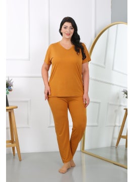Akbeniz Women's Plus Size Short Sleeve Combed Cotton Pajama Set Mustard 202405  - Image 5