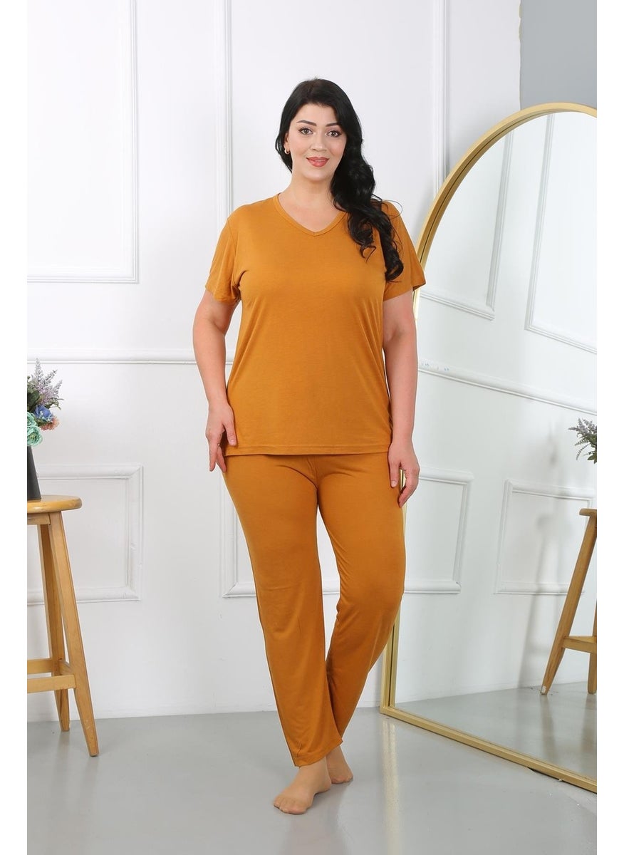 Akbeniz - Women's Plus Size Short Sleeve Combed Cotton Pajama Set Mustard 202405 - Image 1