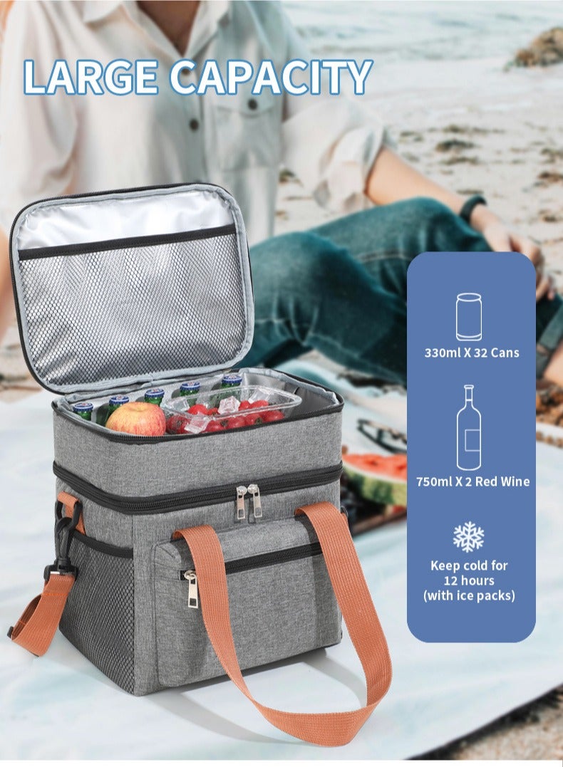 Double-Layer Insulated Lunch Box Portable Insulated Bag Refrigerated Food Delivery Bag Multi-Function Handbag For Home School Work Picnic Outdoor Camping Travel, Can Hold Food Fruit Drink Snacks, Expandable Large Lunch Bag Leakproof Cooler Bag Lunch Bucket For Men Women Children Adults Elderly Travel Day Trip, Gray  - Image 1
