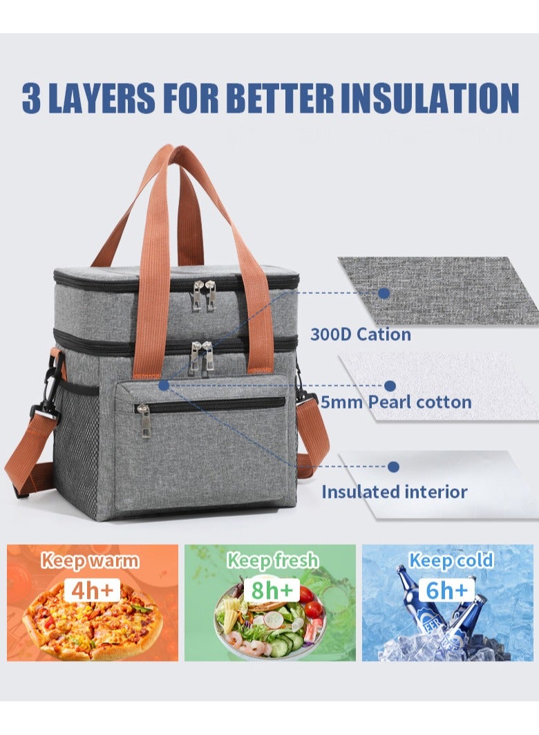 Double-Layer Insulated Lunch Box Portable Insulated Bag Refrigerated Food Delivery Bag Multi-Function Handbag For Home School Work Picnic Outdoor Camping Travel, Can Hold Food Fruit Drink Snacks, Expandable Large Lunch Bag Leakproof Cooler Bag Lunch Bucket For Men Women Children Adults Elderly Travel Day Trip, Gray  - Image 2