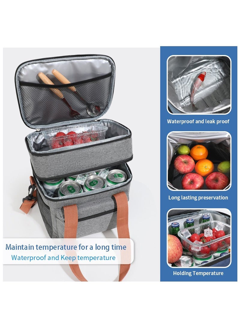 Double-Layer Insulated Lunch Box Portable Insulated Bag Refrigerated Food Delivery Bag Multi-Function Handbag For Home School Work Picnic Outdoor Camping Travel, Can Hold Food Fruit Drink Snacks, Expandable Large Lunch Bag Leakproof Cooler Bag Lunch Bucket For Men Women Children Adults Elderly Travel Day Trip, Gray  - Image 3