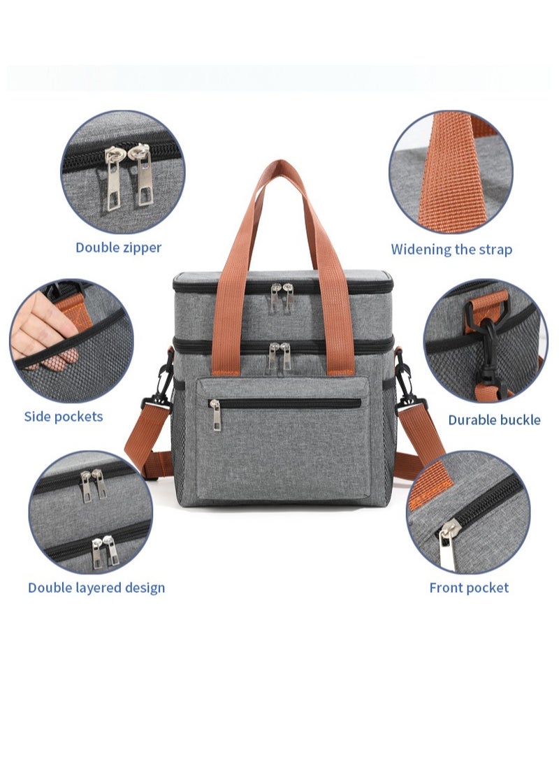 Double-Layer Insulated Lunch Box Portable Insulated Bag Refrigerated Food Delivery Bag Multi-Function Handbag For Home School Work Picnic Outdoor Camping Travel, Can Hold Food Fruit Drink Snacks, Expandable Large Lunch Bag Leakproof Cooler Bag Lunch Bucket For Men Women Children Adults Elderly Travel Day Trip, Gray  - Image 4