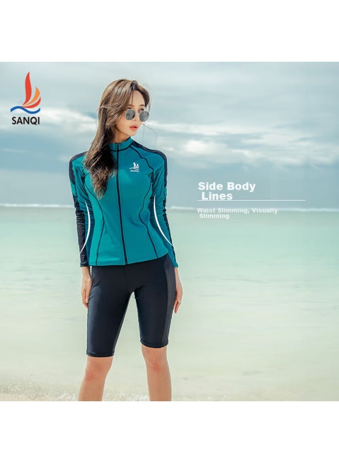 Sanqi Women's Two-piece Swimsuit, Long Sleeves, Boyshorts, Slimming, Tummy Control, Plus Size, Conservative, Sporty Style, 20106, Green, Xxxl - Image 5