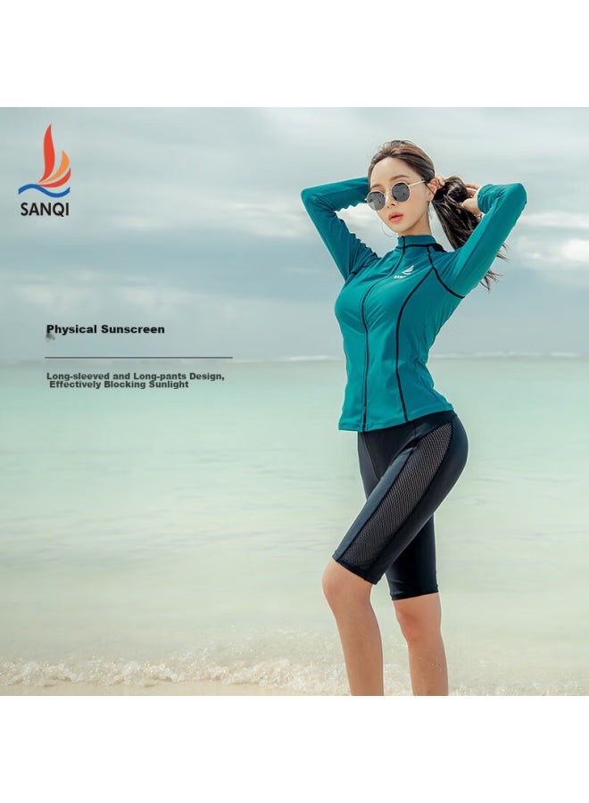 Sanqi Women's Two-piece Swimsuit, Long Sleeves, Boyshorts, Slimming, Tummy Control, Plus Size, Conservative, Sporty Style, 20106, Green, Xxxl - Image 4