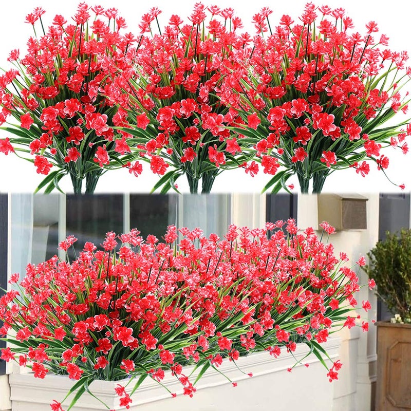 ArtBloom 8 Bundles Outdoor Artificial Fake Flowers UV Resistant Shrubs Plants  Faux Plastic Greenery for Indoor Outside Hanging Plants Garden Porch Window Box Home Wedding Farmhouse Decor (Red)