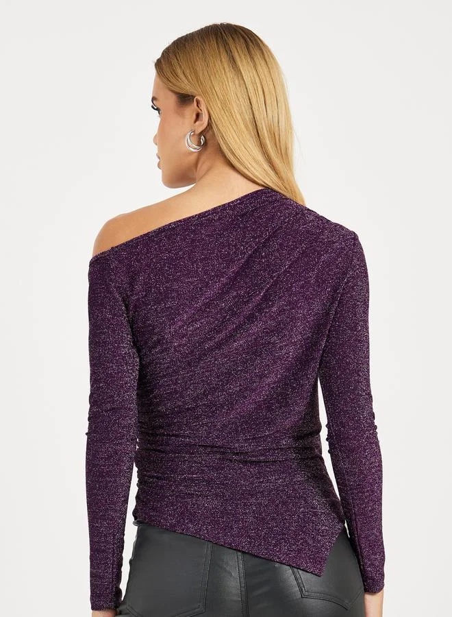 Styli Asymmetric Neck Glitter Look Fitted Top