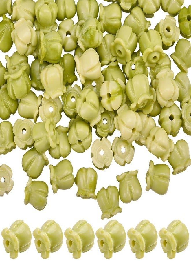 SOFPLATE 1 Box 100Pcs Carved Beads 3D Flower Beads Yellow Green Artificial Tulip Floral Small Two Tone Dyed Synthetic Coral Smooth Loose Spacers Findings for Jewelry Making Bracelet Necklace DIY Craft - Image 1
