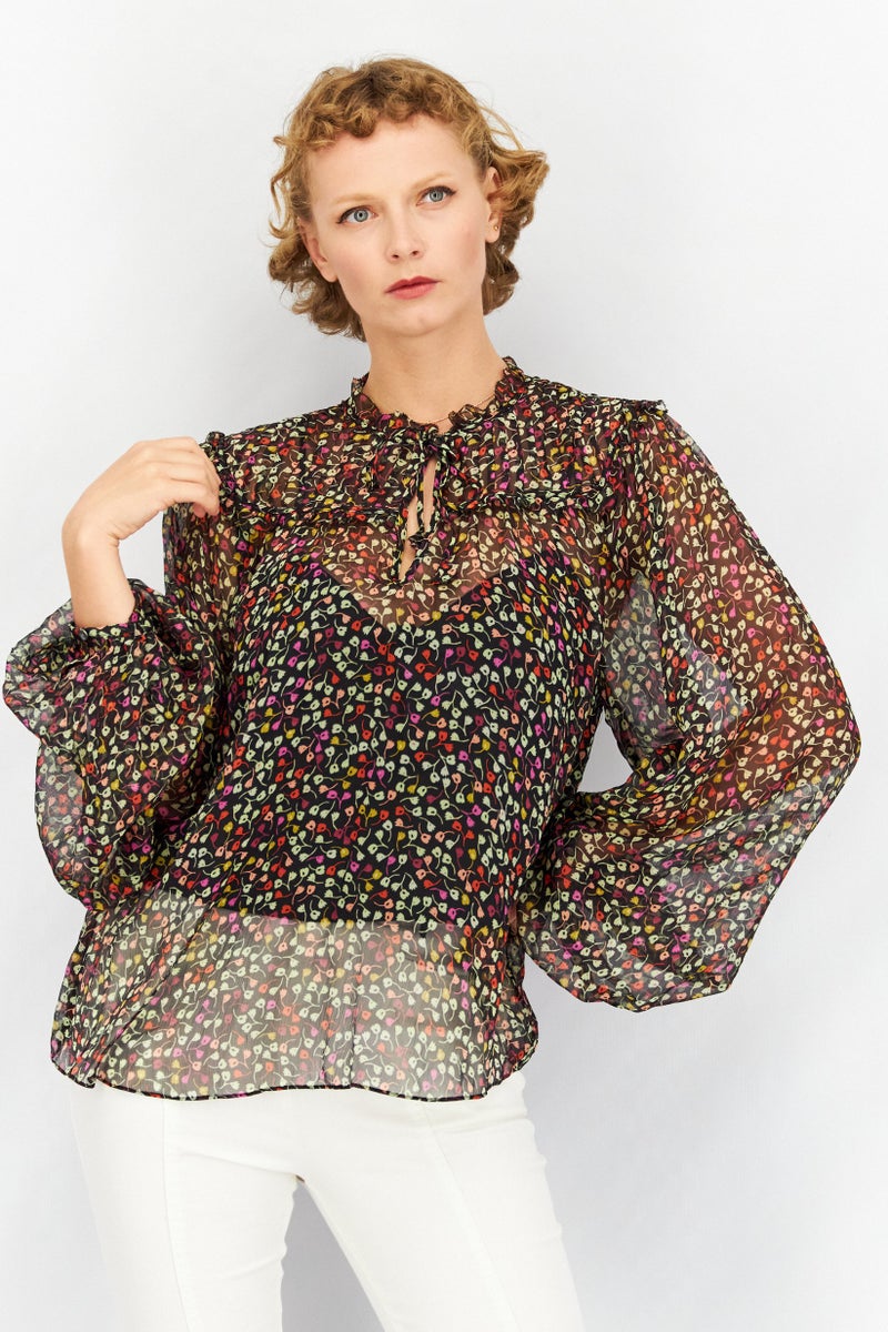 joie Women Tie Neck Long Sleeve Allover Print Blouse, Black Combo - Image 1