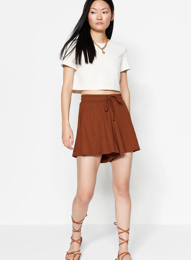 trendyol Brown Relaxed Fit Regular Waist Wrap/Textured Knitted Shorts - Image 1