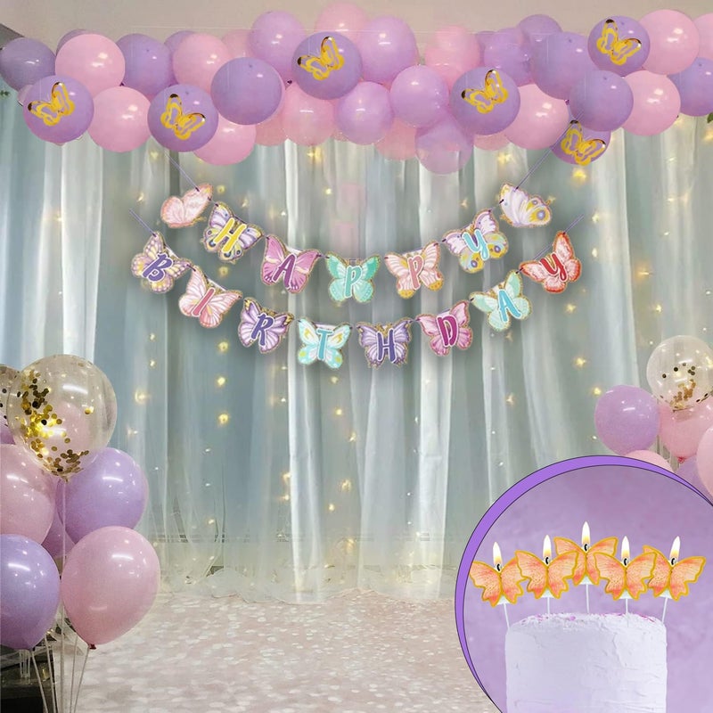 PartyToko Butterfly Purple Pink Birthday Party Decorations, Happy Birthday Banner, with Big Butterfly cutouts for Women Girl Birthday Party Butter fly Theme Supplies 84pcs combo - Image 2