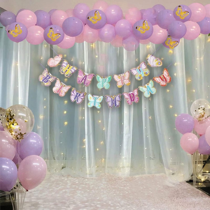 PartyToko Butterfly Purple Pink Birthday Party Decorations, Happy Birthday Banner, with Big Butterfly cutouts for Women Girl Birthday Party Butter fly Theme Supplies 84pcs combo - Image 1