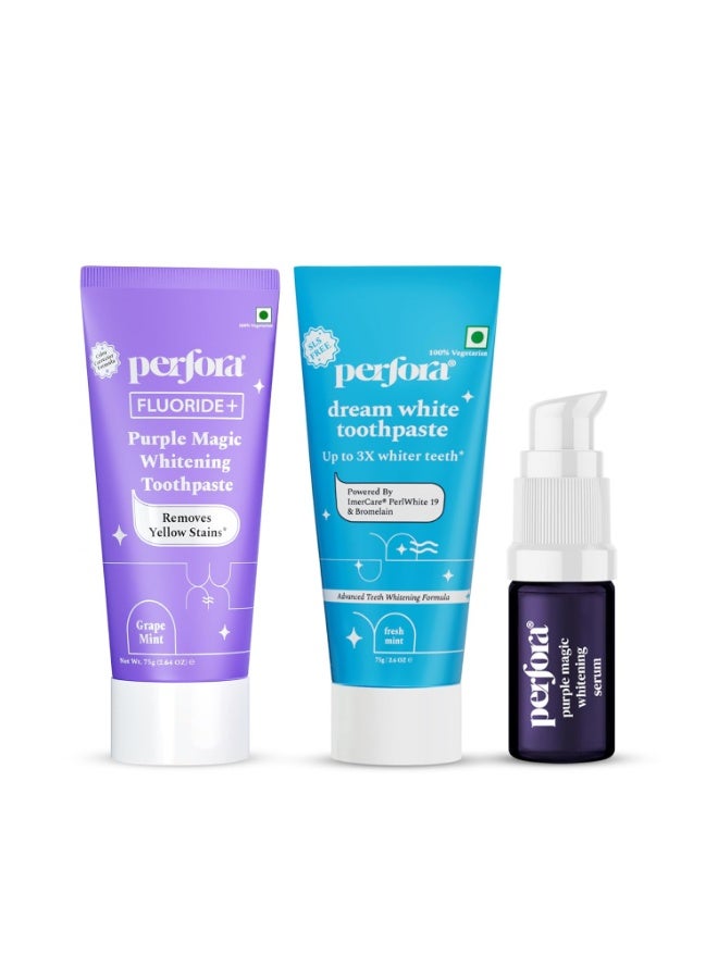 Perfora Teeth Whitening Combo - Whitens Teeth in 1 Use | Enamel-Safe & Sensitivity-Free Oral Care Formula For Tooth Stain Removal | Purple Toothpaste- 75gm, Dream White Toothpaste-75gm & Purple Serum - 10ml - Image 1