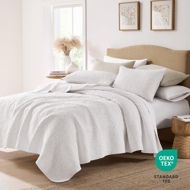 PALASSIO White Paisley 100% Cotton Quilt California Cal King Size Bedding Sets with 2 Pillow Shams, Oversized Boho Floral Farmhouse Vintage Soft Bedspread Shabby Chic Coverlet for All Season, 3 Pieces - Image 2