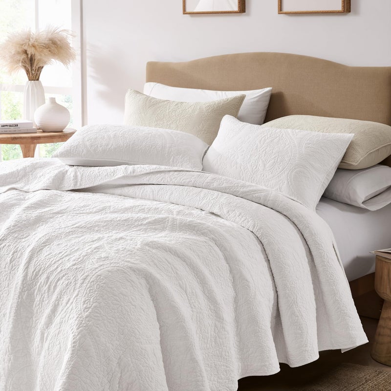 PALASSIO White Paisley 100% Cotton Quilt California Cal King Size Bedding Sets with 2 Pillow Shams, Oversized Boho Floral Farmhouse Vintage Soft Bedspread Shabby Chic Coverlet for All Season, 3 Pieces - Image 5