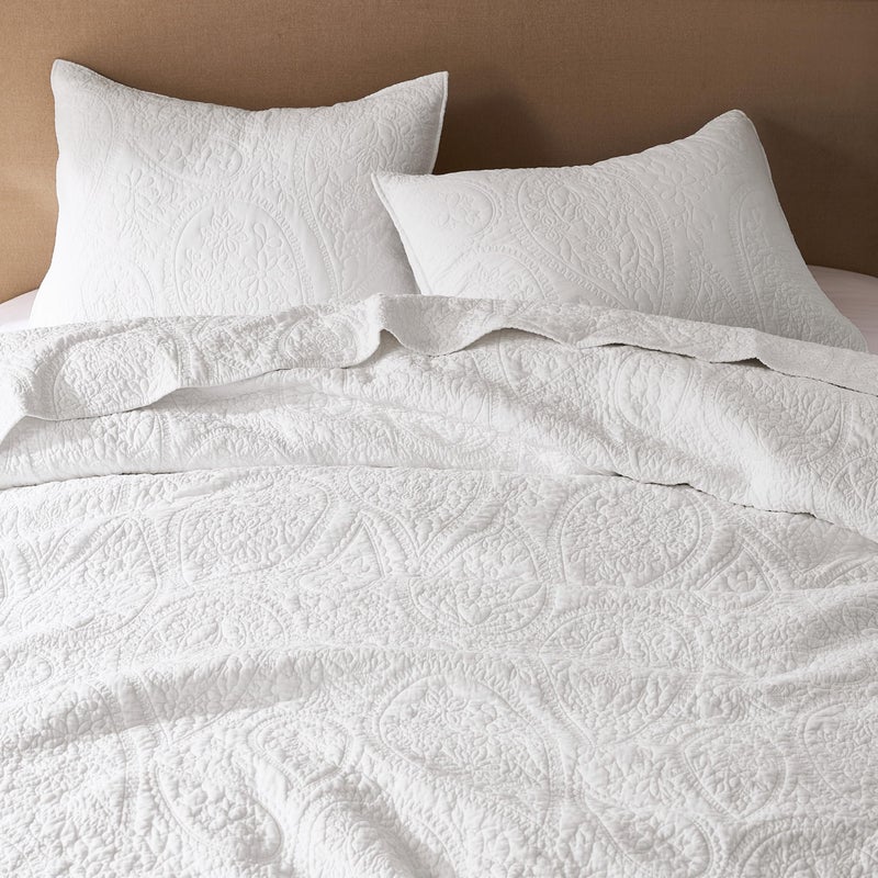 PALASSIO White Paisley 100% Cotton Quilt California Cal King Size Bedding Sets with 2 Pillow Shams, Oversized Boho Floral Farmhouse Vintage Soft Bedspread Shabby Chic Coverlet for All Season, 3 Pieces - Image 3