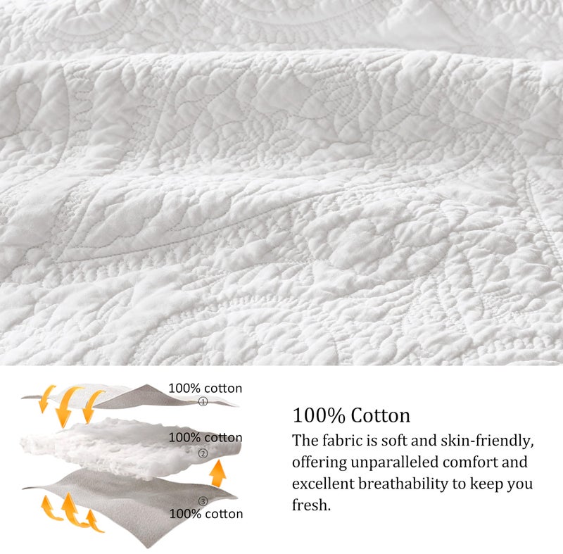 PALASSIO White Paisley 100% Cotton Quilt California Cal King Size Bedding Sets with 2 Pillow Shams, Oversized Boho Floral Farmhouse Vintage Soft Bedspread Shabby Chic Coverlet for All Season, 3 Pieces - Image 4