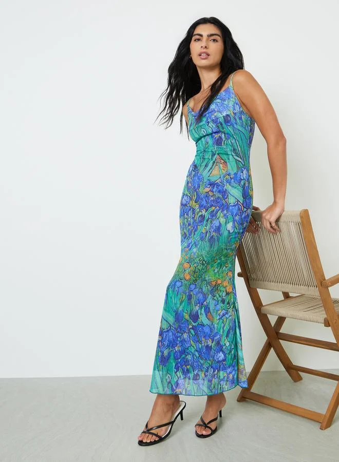 Styli Green Floral Mesh Overlay Maxi Dress