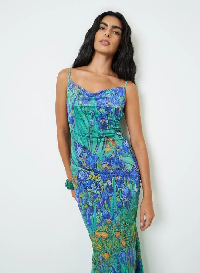 Styli Green Floral Mesh Overlay Maxi Dress