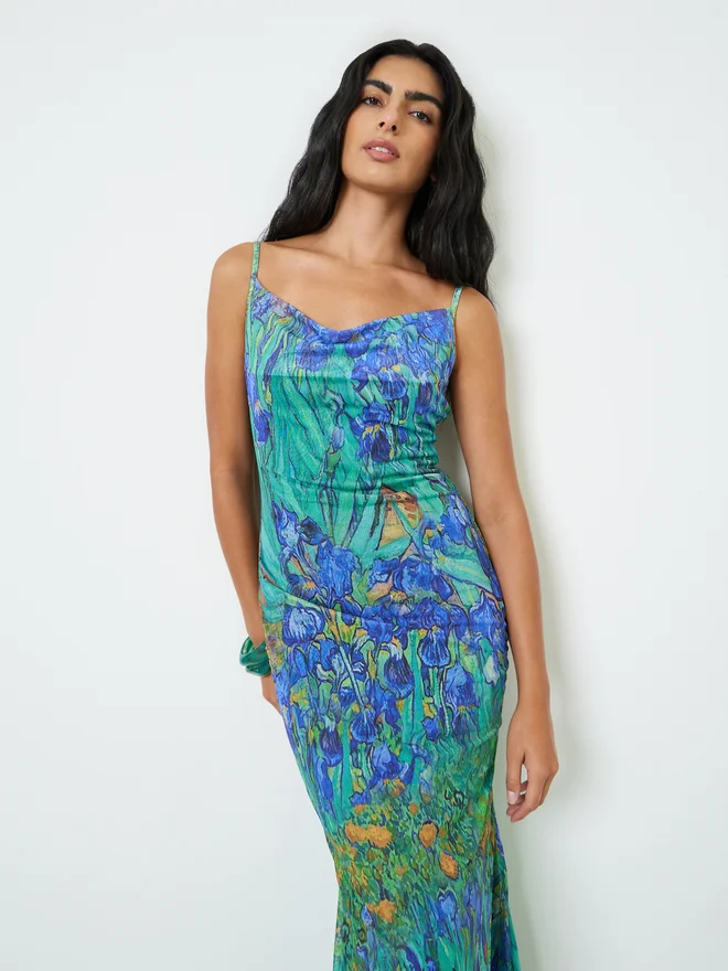 Styli Styli Green Floral Mesh Overlay Maxi Dress