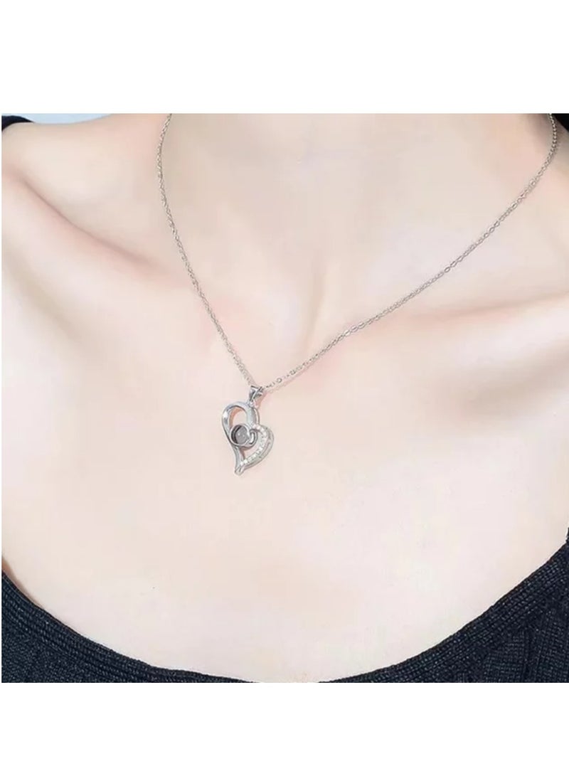 Alliance A.S 925 فضة مجوفة على شكل قلب قلادة الحب الذاكرة الترقوة قلادة 100 لغة أحبك حروف مخصصة - Image 2