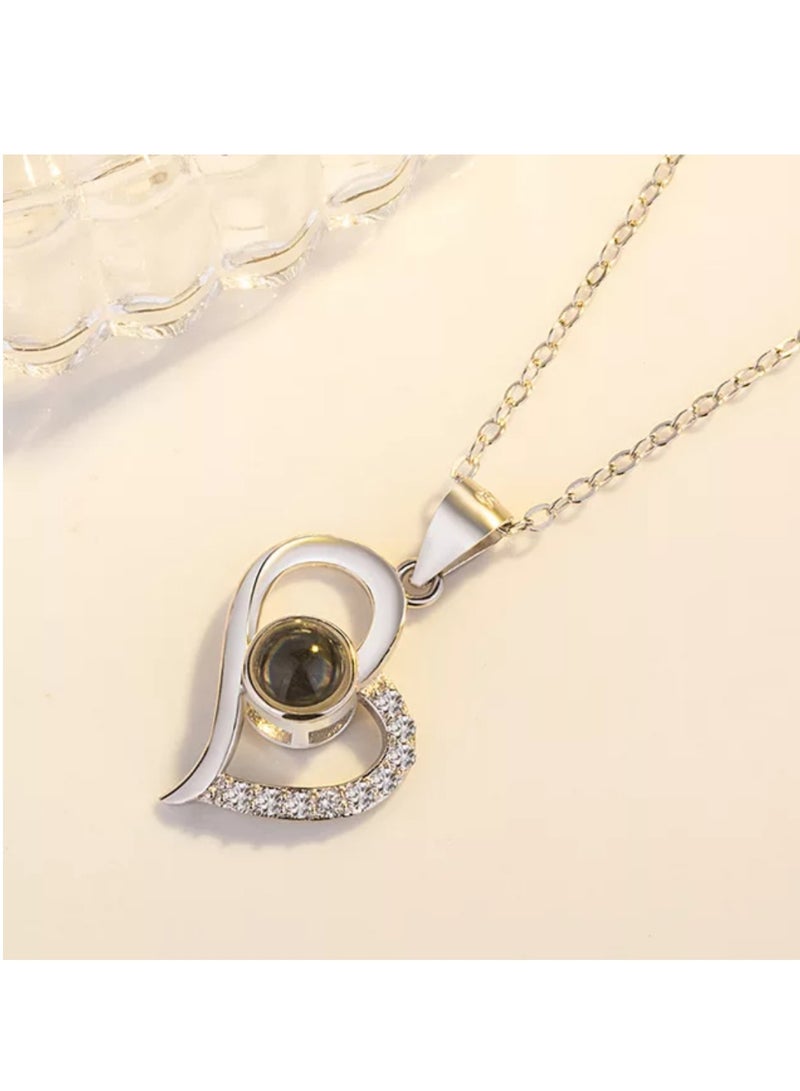 Alliance A.S 925 فضة مجوفة على شكل قلب قلادة الحب الذاكرة الترقوة قلادة 100 لغة أحبك حروف مخصصة - Image 3