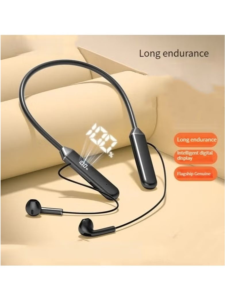 LED digital display bluetooth neck sports wireless headset double half in-ear universal ultra-long standby black - Image 2