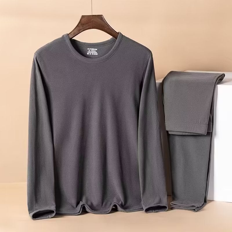 Chaolun cloth mens spring and autumn and winter de velvet double-sided self-heating thermal underwear suit base shirt cross-border wholesale dark gray round neck set 