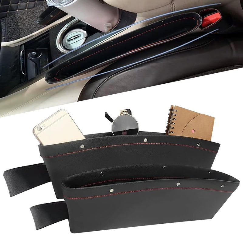JYSW Car Gap Filler - 2 Pack Leather Car Seat Organizer for Phone, Sunglasses, Keys - Black - Image 1